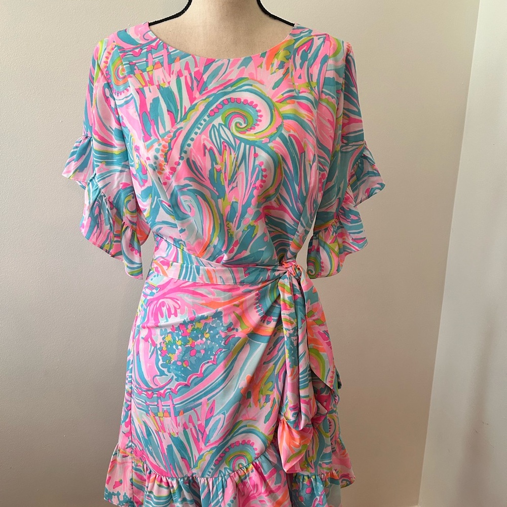 Lilly Pulitzer Darlan stretch tie waist Dress in Carnivale Coral Ruffle